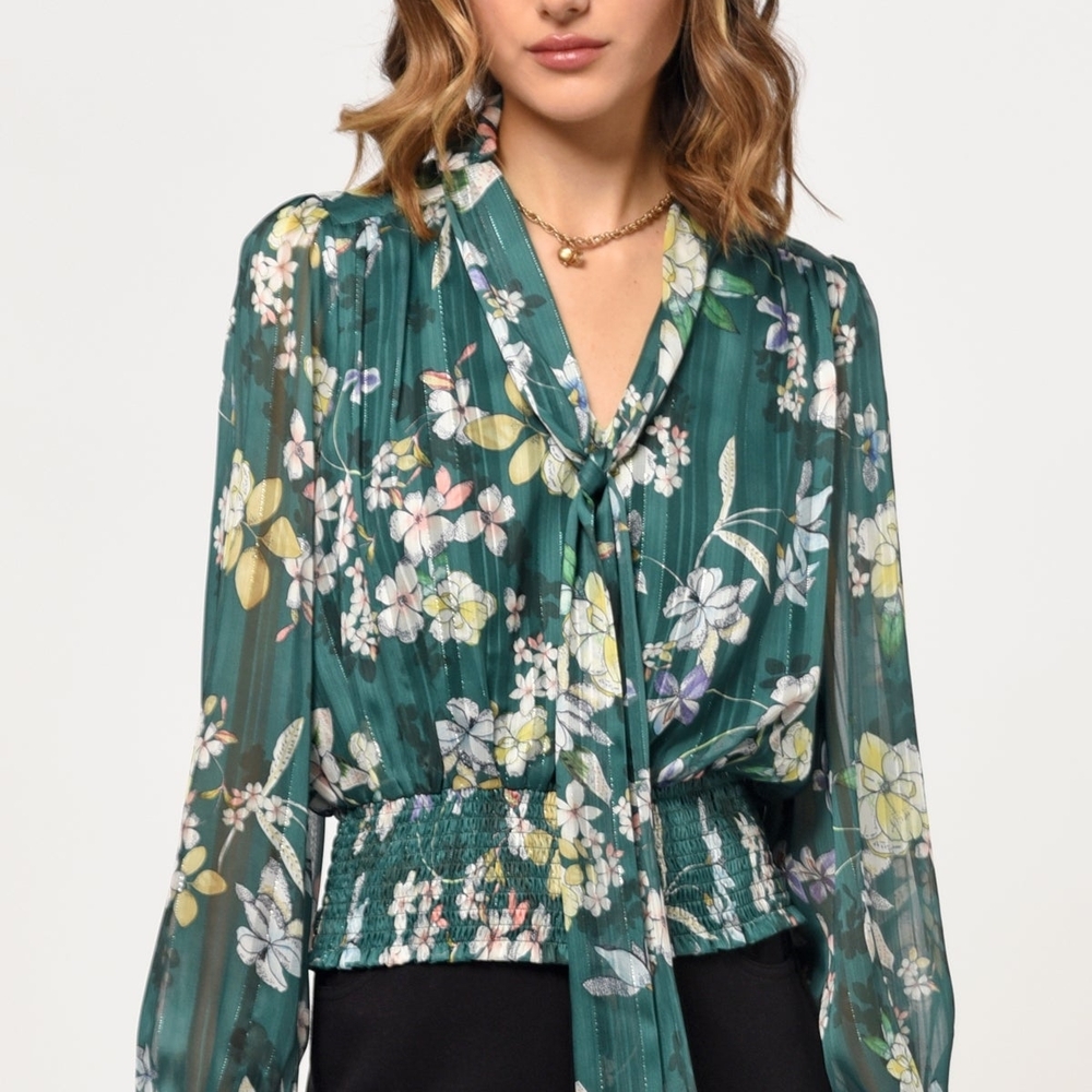 EUC Greylin Anthropologie womens medium Estelle tie neck blouse green floral